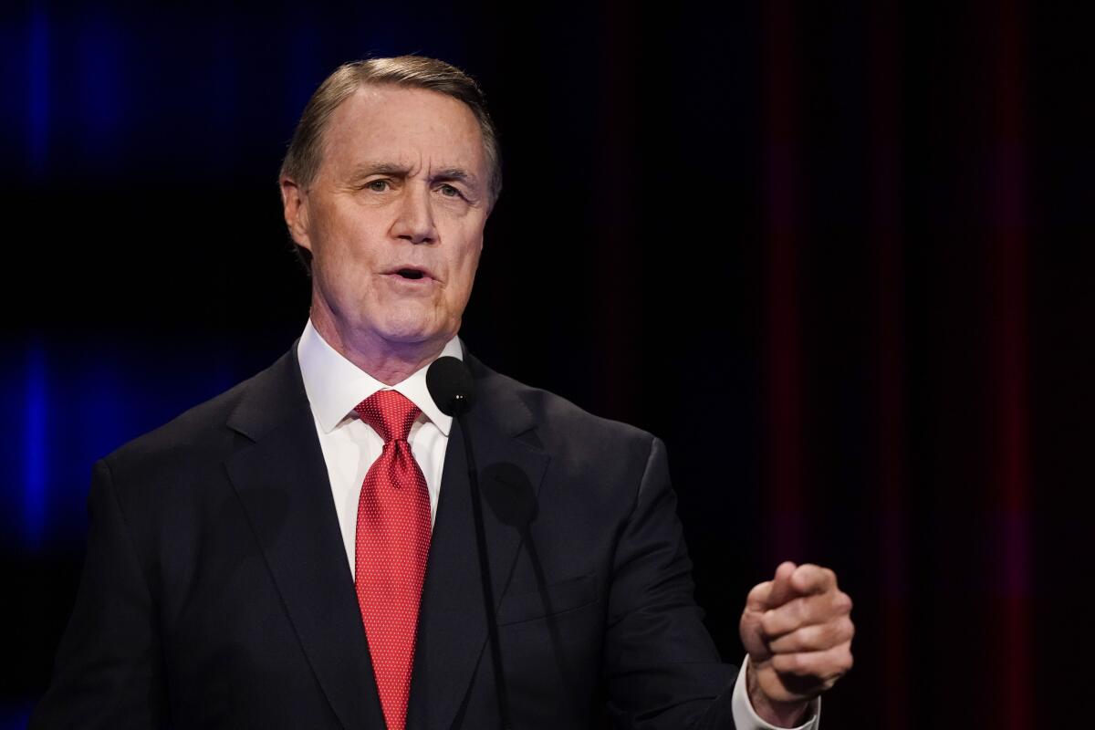 Former Sen. David Perdue speaks during a gubernatorial republican primary debate