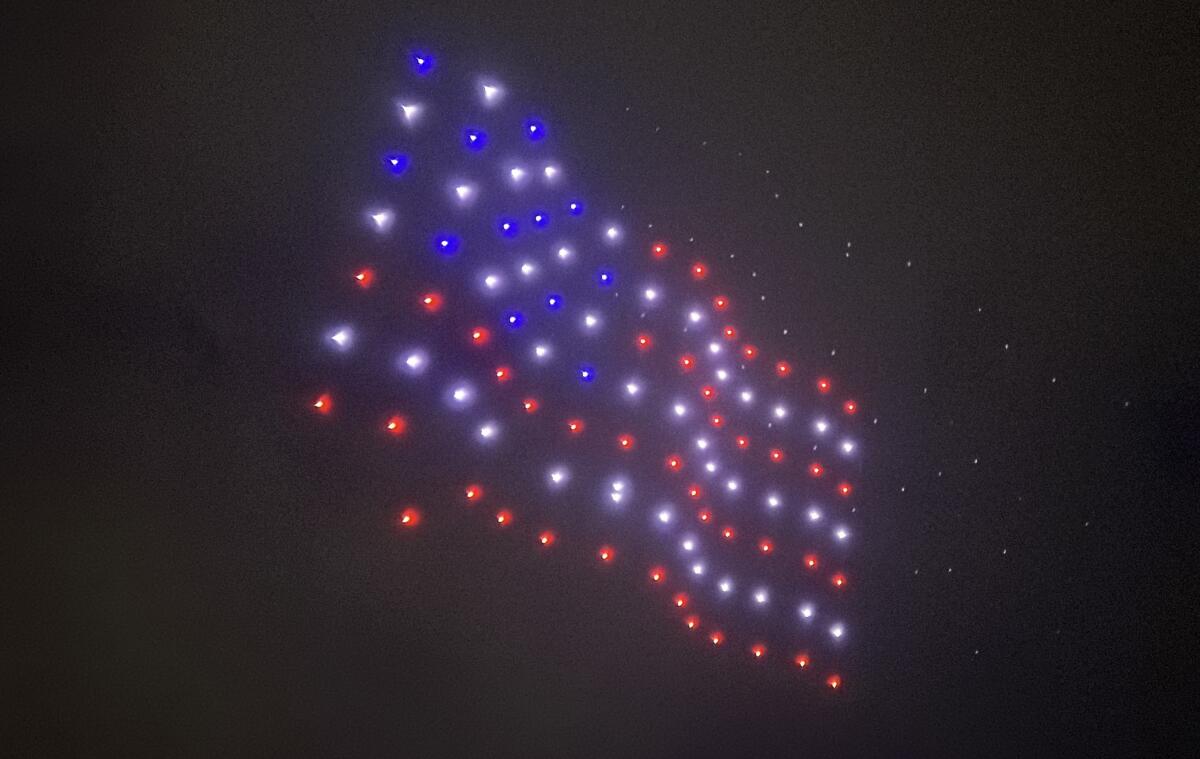 Drones form the shape of the American flag during La Jolla's Fourth of July celebration at La Jolla Shores.