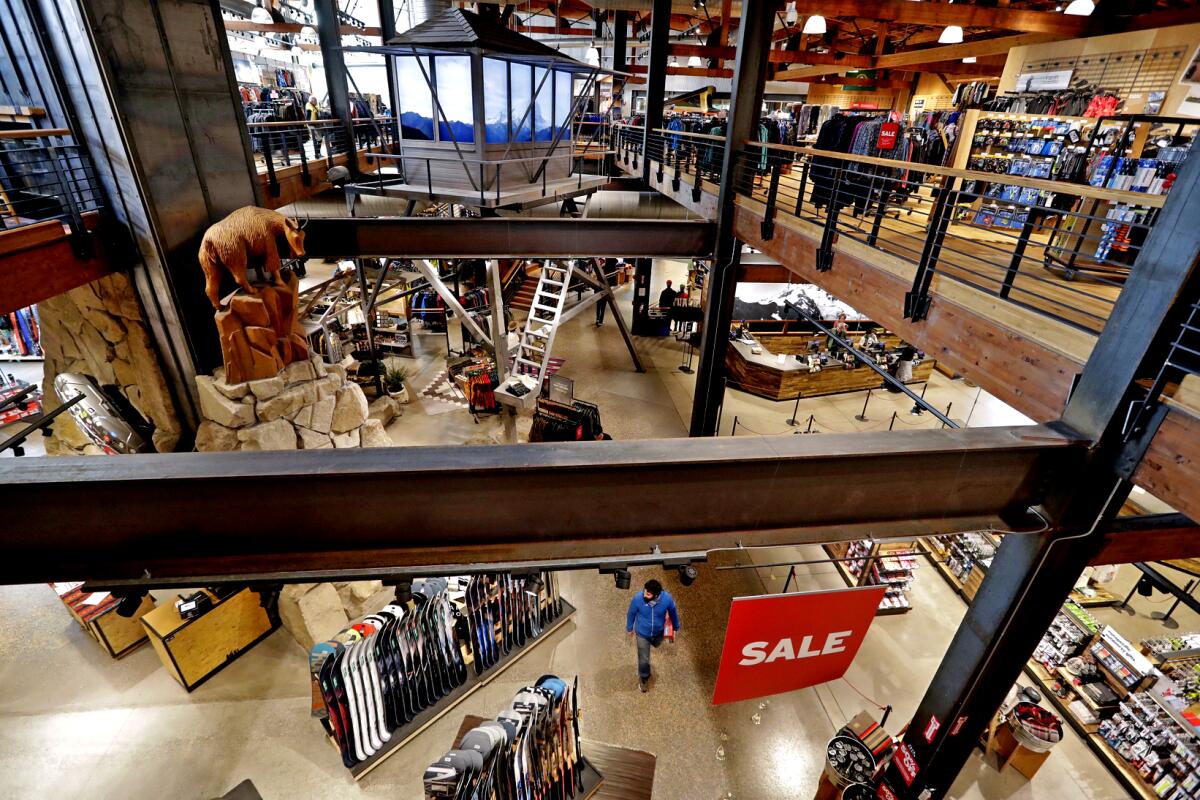An upper-level view of an outdoors store.