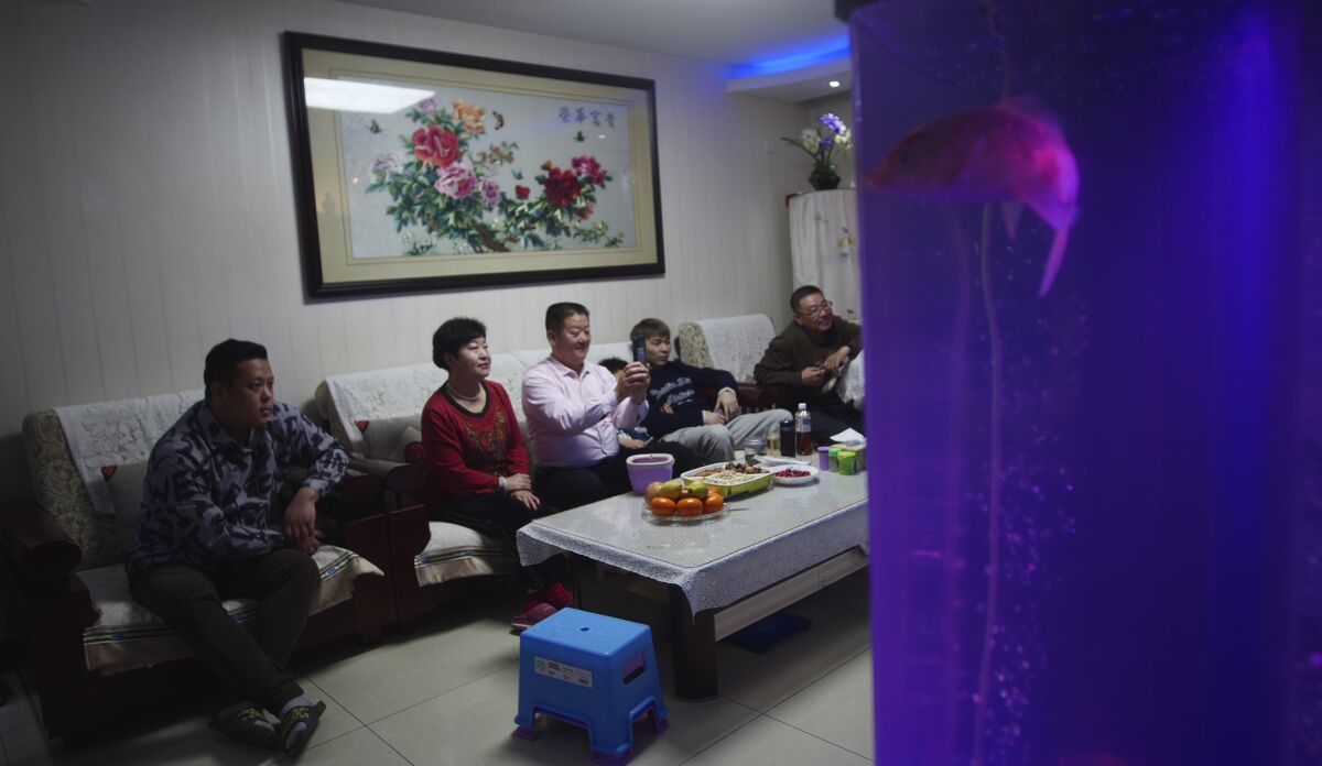 The family of Liu Wenbin, center, watches the opening ceremony of the Beijing Olympics on a television with his family at home in western Beijing on Friday, Feb. 4, 2022. Liu, a retiree from Beijing, was unable to see the event up close this year as tickets were only available to select groups owing to pandemic prevention measures. “As a Chinese person, I feel incomparably proud,” Liu said. “Our great China really is no. 1, especially when the pandemic is so severe, we’re able to hold this international event, the Winter Olympics.” (AP Photo/Sam McNeil)