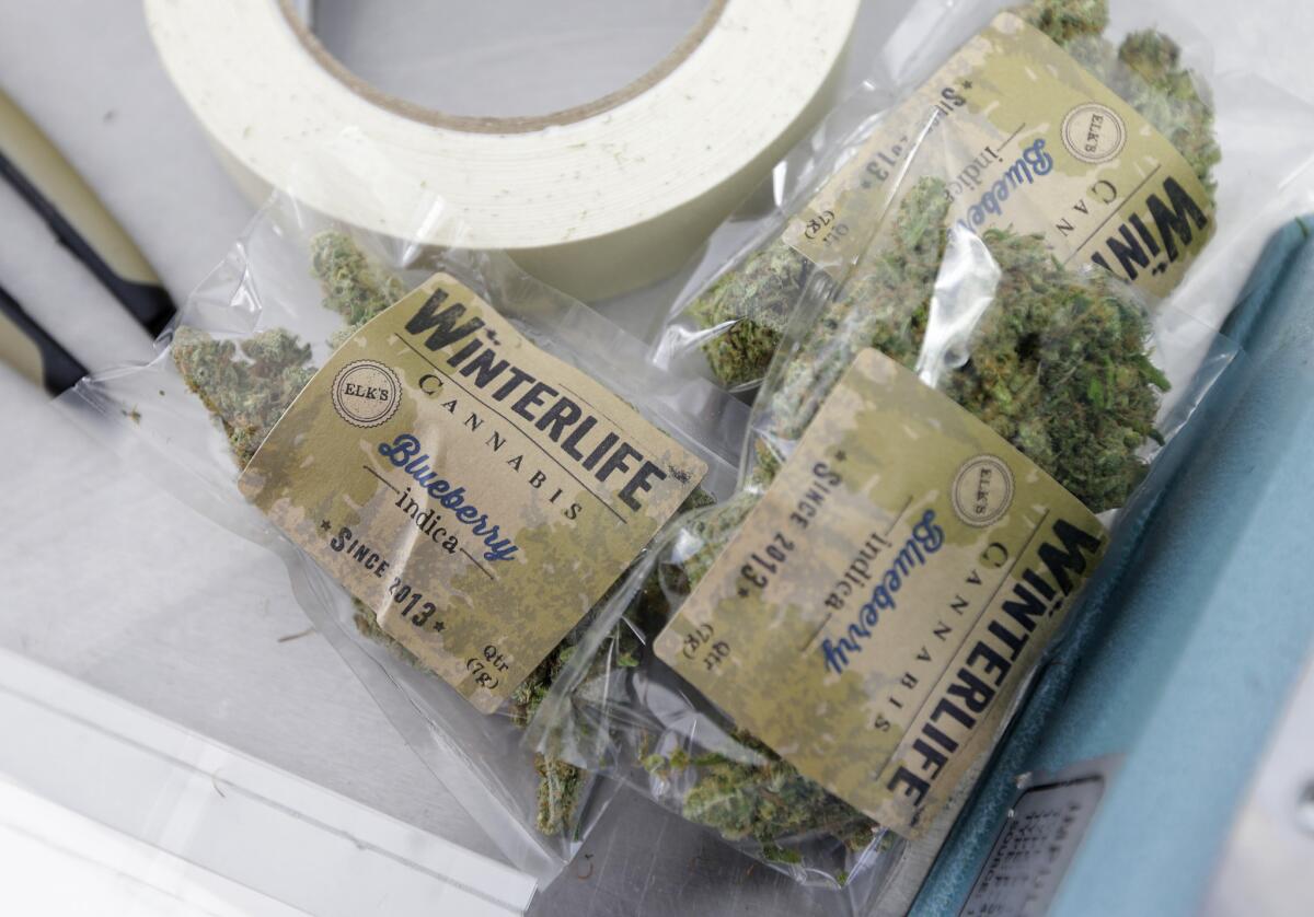 Marijuana packaged for delivery is shown at Winterlife, a marijuana delivery service in Seattle.
