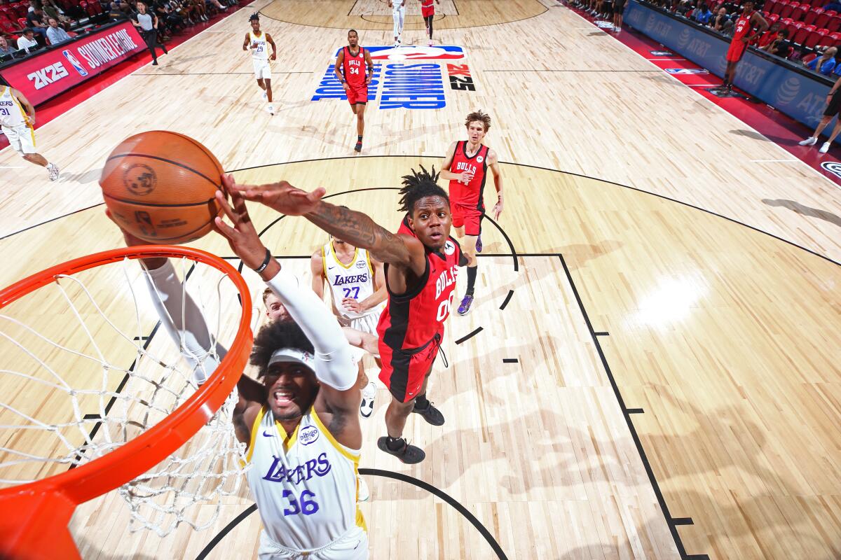 LAS VEGAS, NV - JULY 20: Blake Hinson #36 of the Los Angeles Lakers drives to the basket.