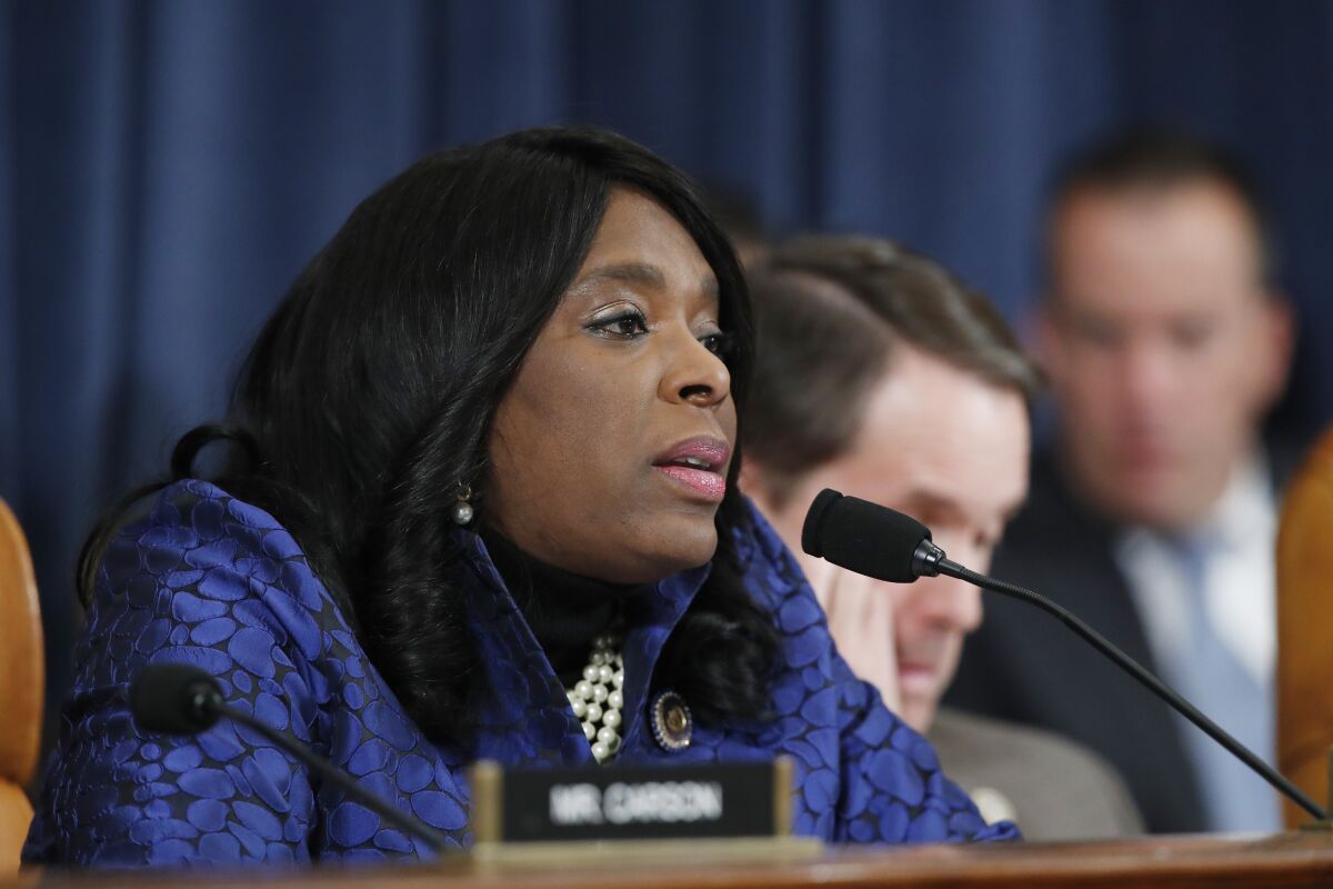 FILE - In this Nov. 20, 2019, file photo Rep. Terri Sewell, D-Ala., speaks during a House Intelligence Committee hearing on Capitol Hill in Washington. House Democrats on Tuesday, Aug. 17, 2021, put forward a new proposal to update the landmark Voting Rights Act, seeking against long odds to revive the civil rights-era legislation that once served as a barrier against discriminatory voting laws. The bill was introduced by Sewell. (AP Photo/Alex Brandon, File)