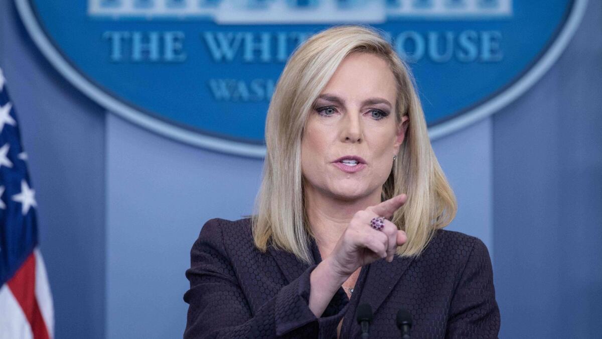 Homeland Security Secretary Kirstjen Nielsen speaks during a press briefing at the White House on Wednesday.