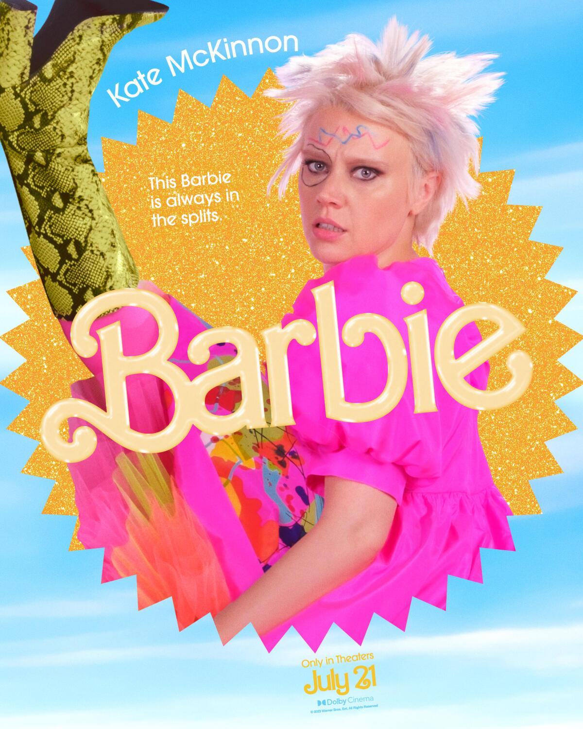 Kate McKinnon kicks her leg up high in a "Barbie" movie poster. She wears snakeskin boots, a spiky white wig and a pink dress