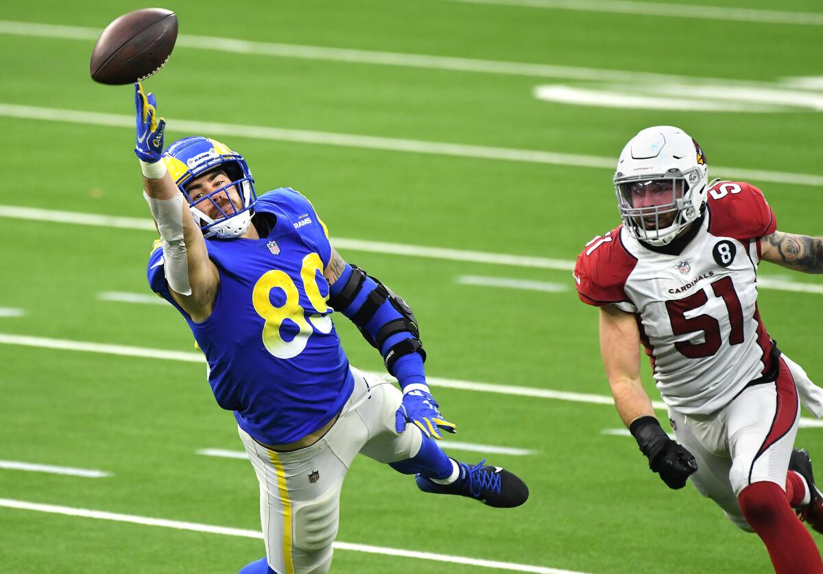Rams tight end Tyler Higbee can't make the catch in front of Arizona Cardinals linebacker Tanner Vallejo.
