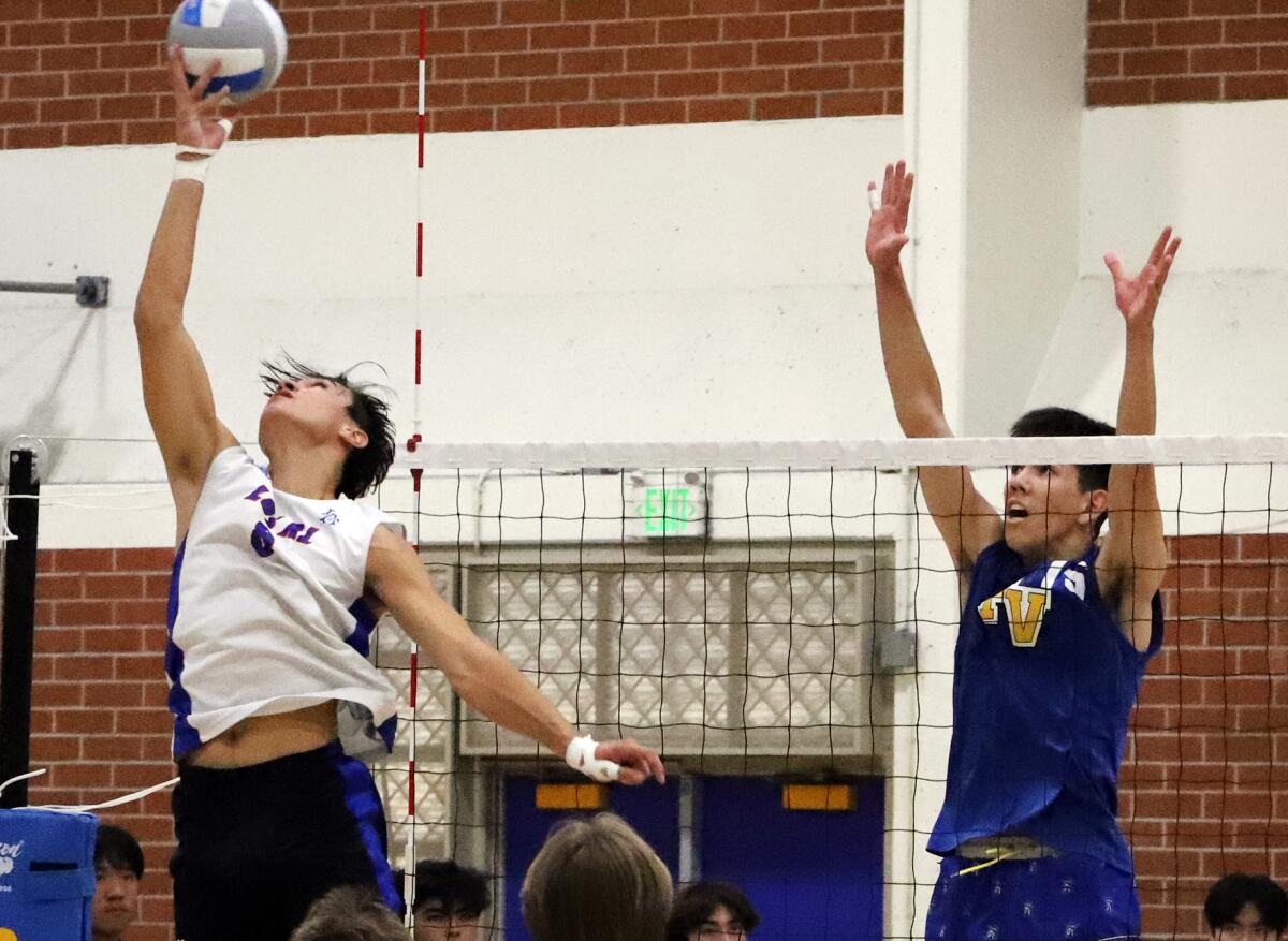 Los Alamitos' Adrian Parra (9) tips the ball against Fountain Valley in a Wave League boys' volleyball match.