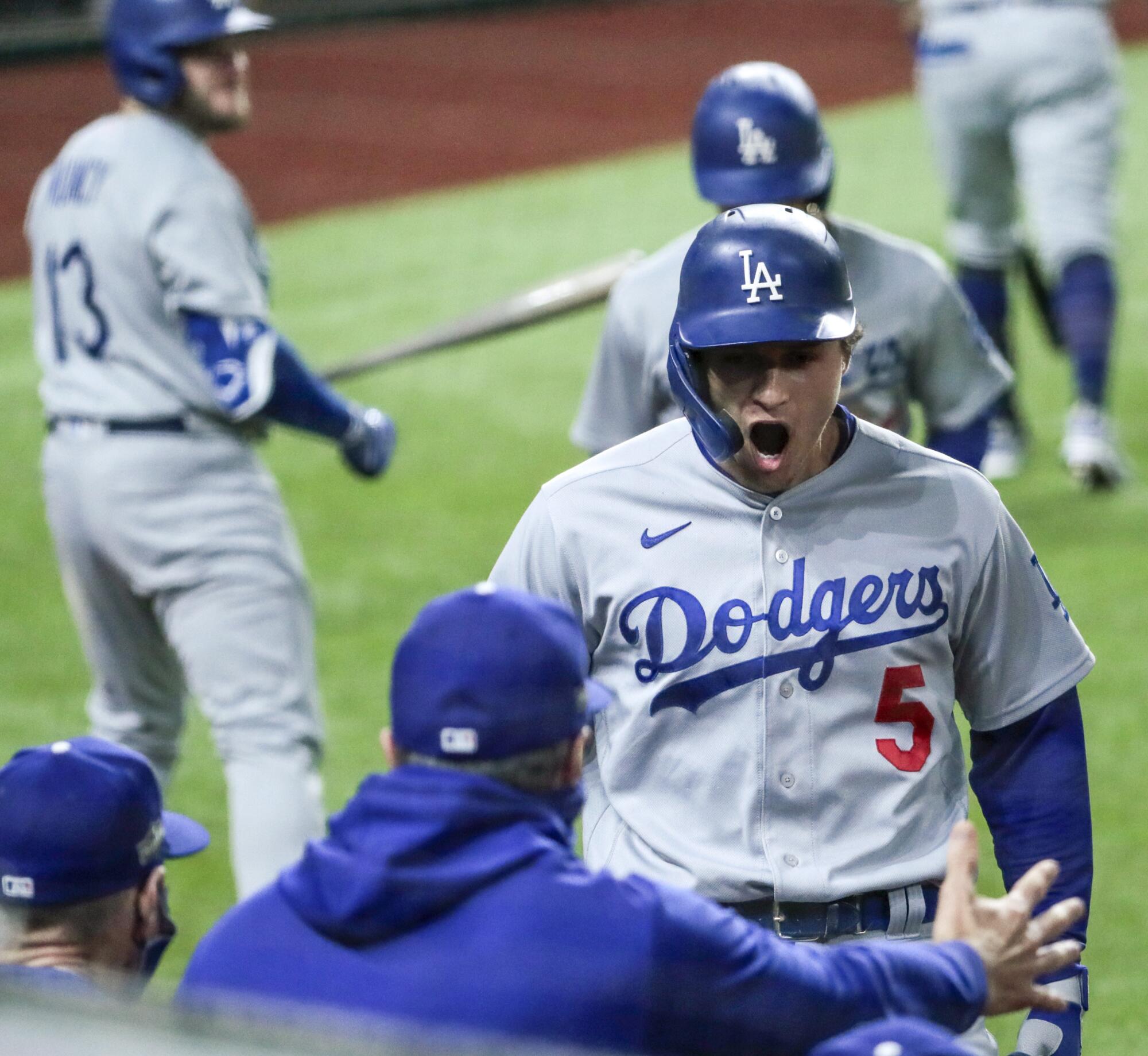 Dodgers shortstop Corey Seager celebrates after hitting a two-run home run in the seventh inning.