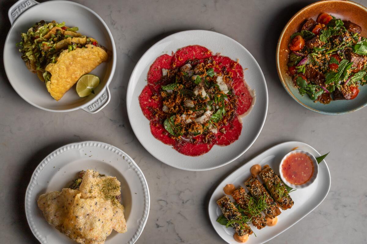 A spread of dishes from DiDi, a modern Vietnamese restaurant in West Hollywood from TikTok influencer Tue Nguyen.