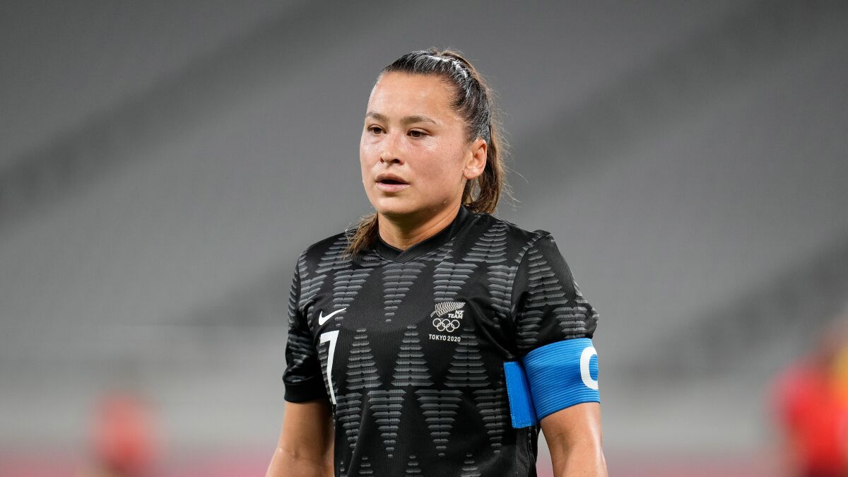 Ali Riley is shown playing for New Zealand at the Tokyo Summer Olympics.