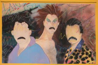 A painting shows 3 male figures: 2 without facial features except for a mustache and one with eyeshadow and spiked hair