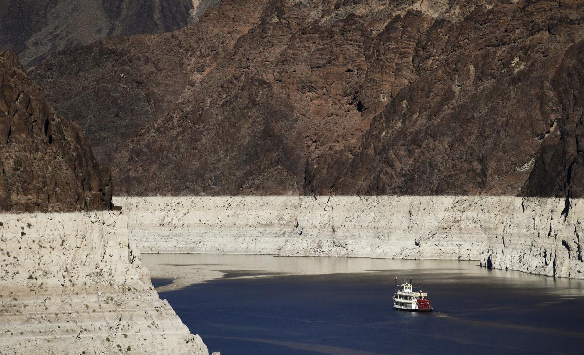 A riverboat on Lake Mead, seen to be at a low level. 