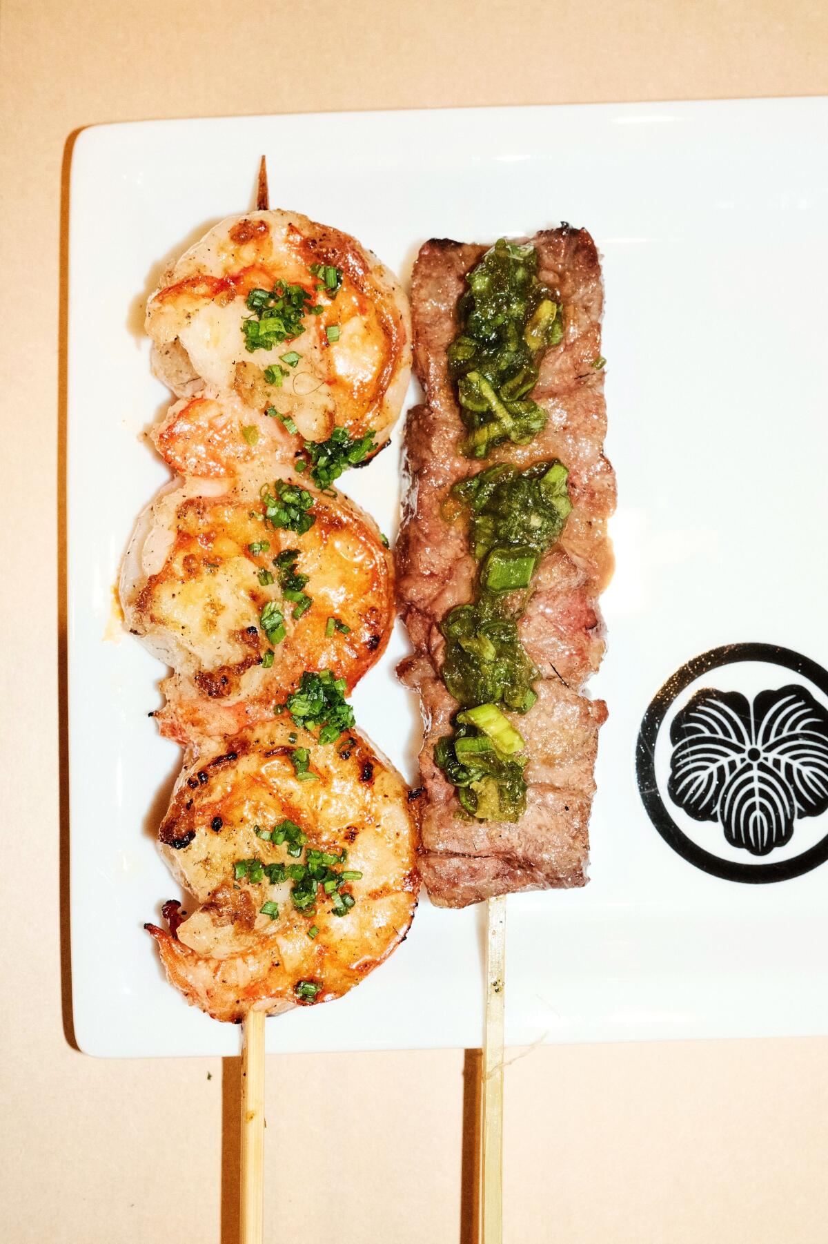 Shrimp and beef kushiyaki at Saijo in Culver City.