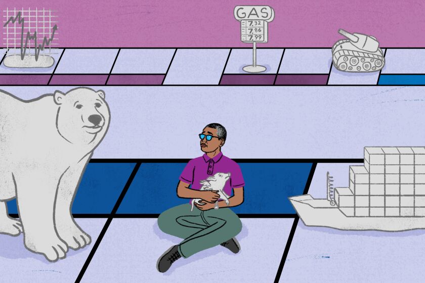 Illustration of a man sitting on a gameboard holding a small pig, looking at a polar bear.