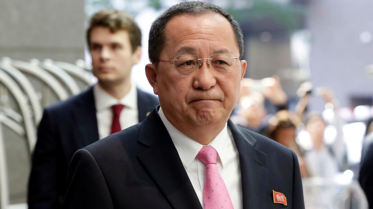 North Korean Foreign Minister Ri Yong Ho speaks outside the U.N. Plaza Hotel in New York on Sept. 25, 2017.