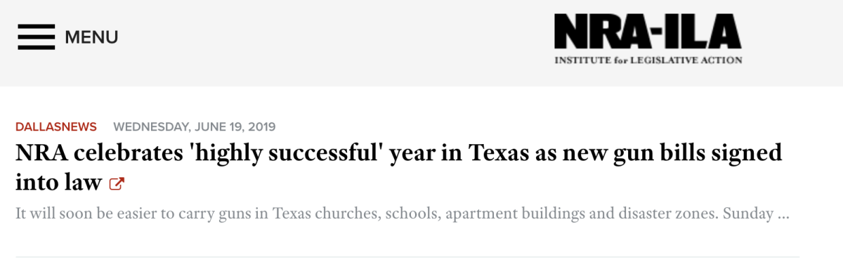 The NRA's lobbying arm was bursting with pride at having killed a passel of proposed gun control laws in Texas, as this clip from its web page shows.