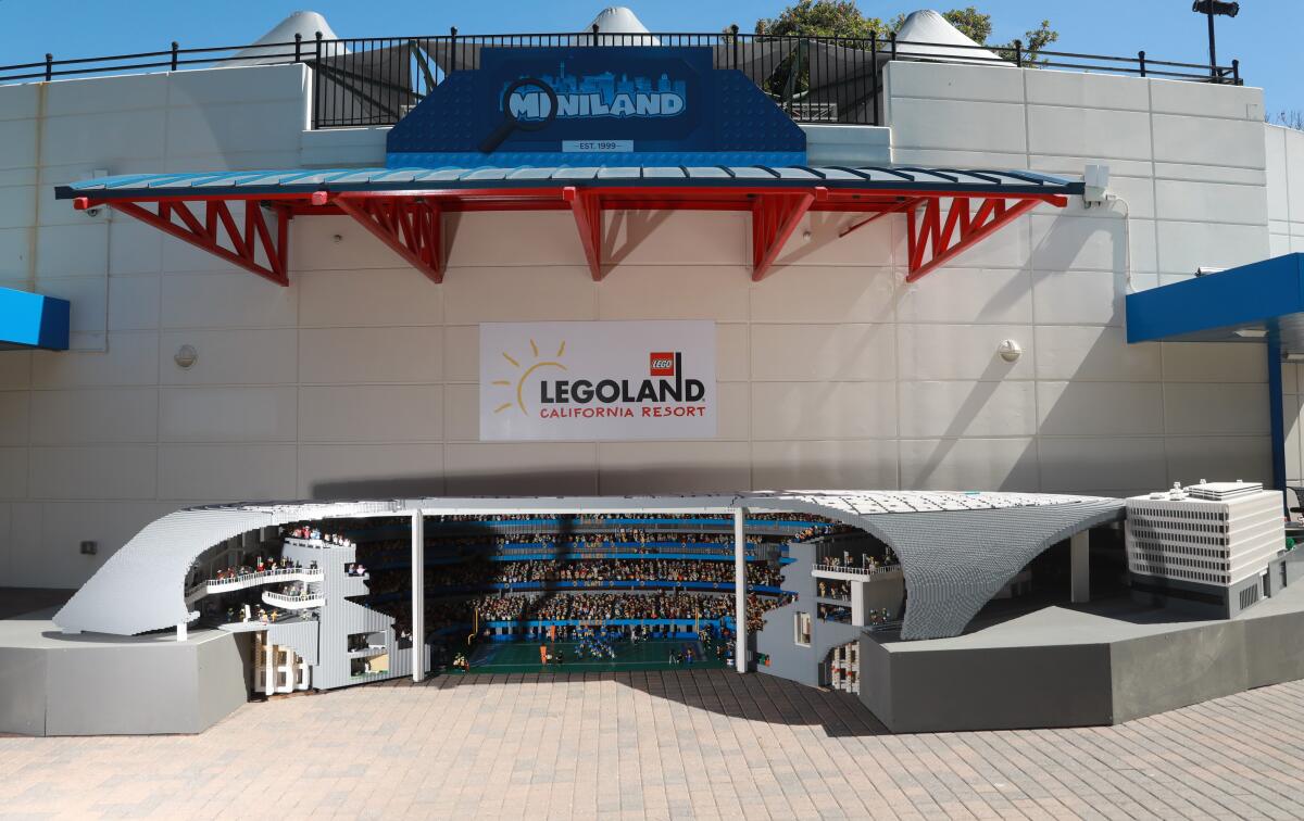 External view of a Lego replica of SoFi Stadium