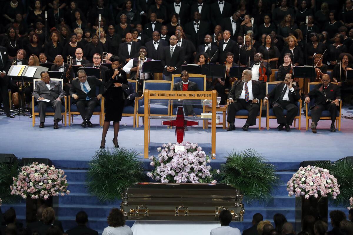 Jennifer Hudson performs during the funeral service for Aretha Franklin at Greater Grace Temple on Friday in Detroit.