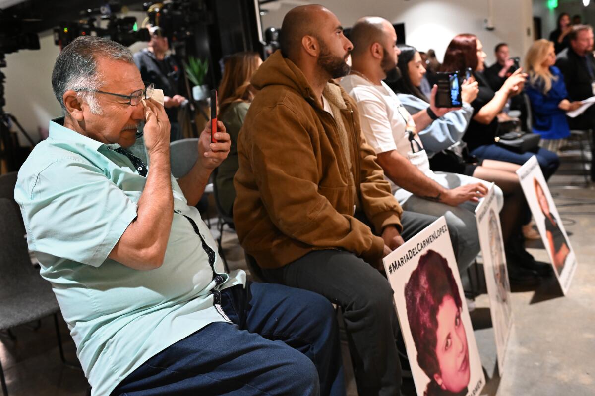 Jose Luis Lopez, husband of kidnapping victim Maria Del Carmen Lopez, sheds tears during a news conference.