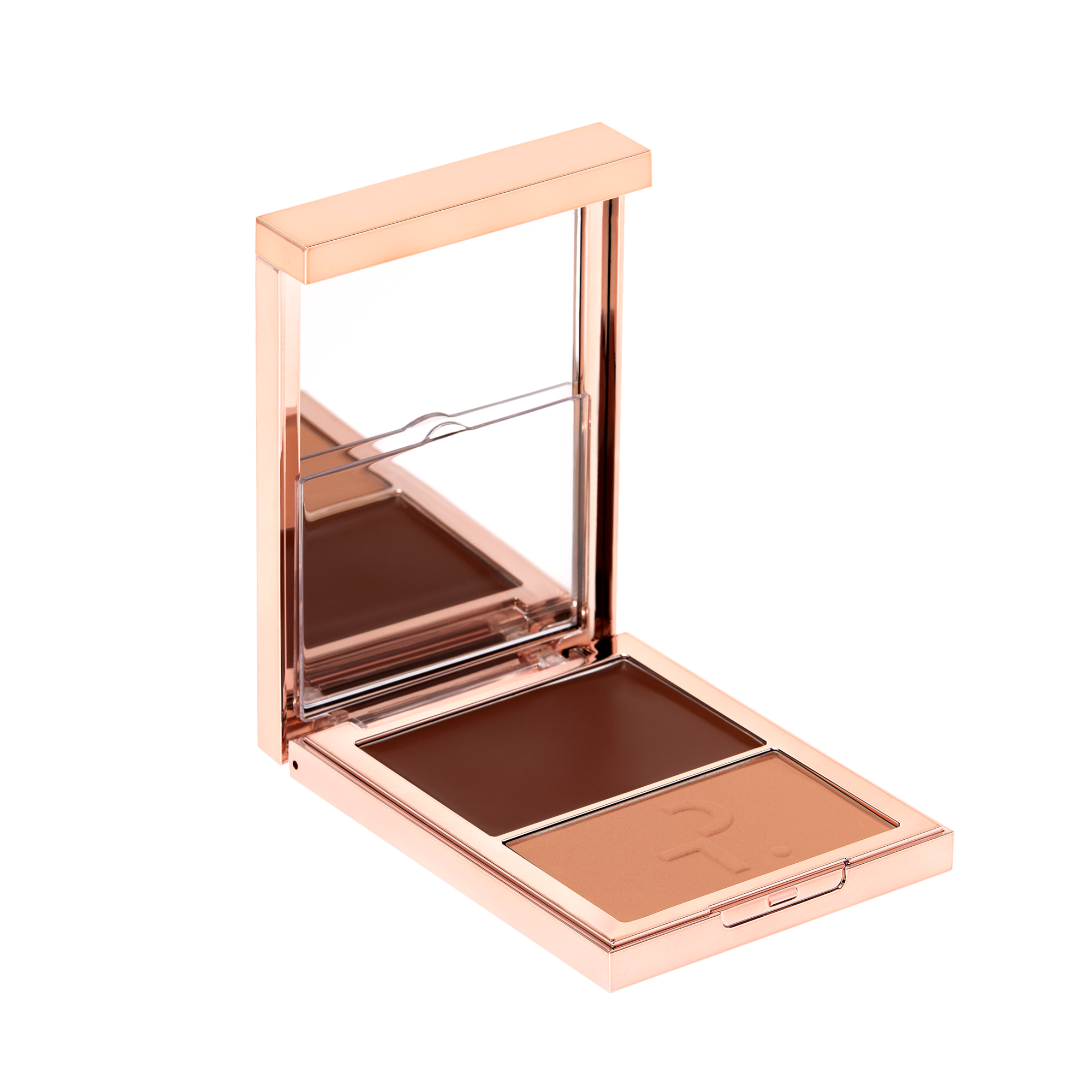 an open rose gold Patrick Ta compact showing a deep brown cream swatch and light brown powdered swatch