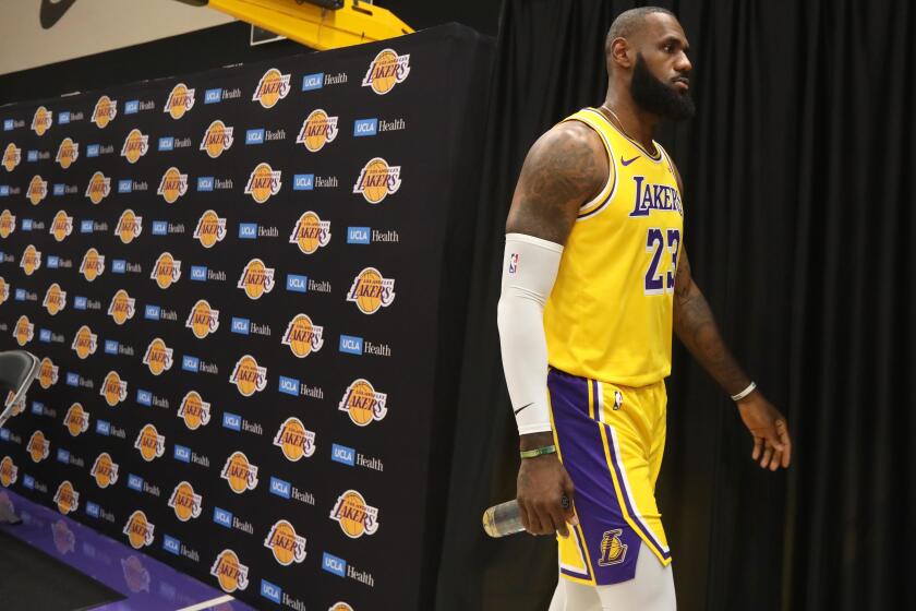 LOS ANGELES, CA - OCTOBER 2, 2023 - Los Angeles Lakers star LeBron James walks away after answering questions for the press during Los Angeles Lakers Media Day at the UCLA Health Training Center in El Segundo on October 2, 2023. (Genaro Molina / Los Angeles Times)