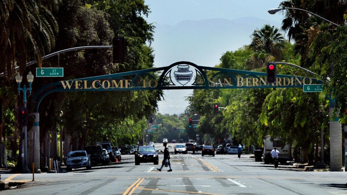 A welcome sign on 6th Street greets visitors in San Bernardino.