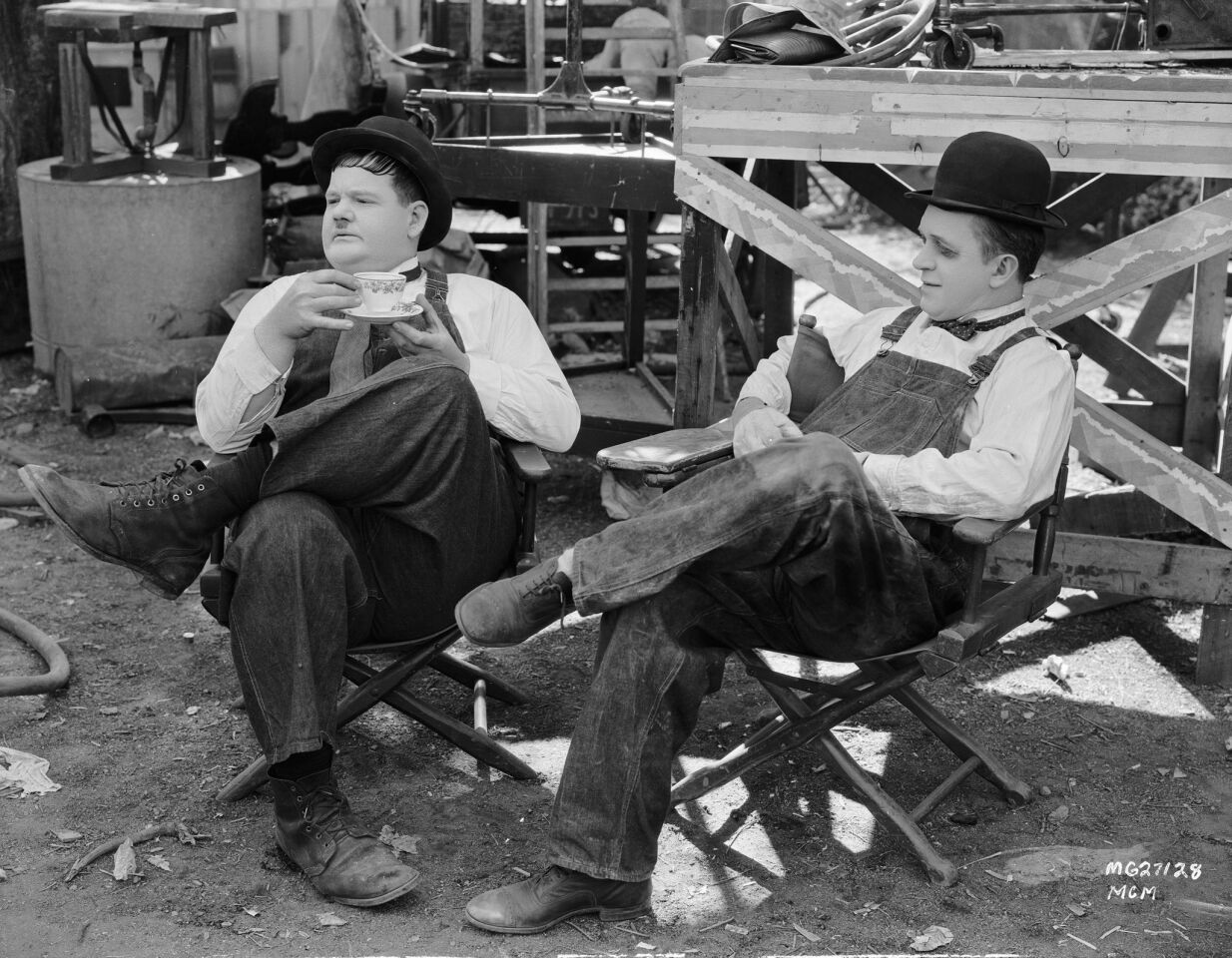 1932: Stan Laurel, with a blackened eye, and Oliver Hardy during a break in the filming of "Towed in a Hole," directed by George Marshall. [For the record: This caption previously stated that the film was 1928's "The Finishing Touch."]