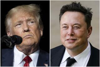 This combination of photos shows former President Donald Trump during rally in Minden, Nev., Oct. 8, 2022, left, and Elon Musk in Wilmington, Del., July 12, 2021. (AP Photo)