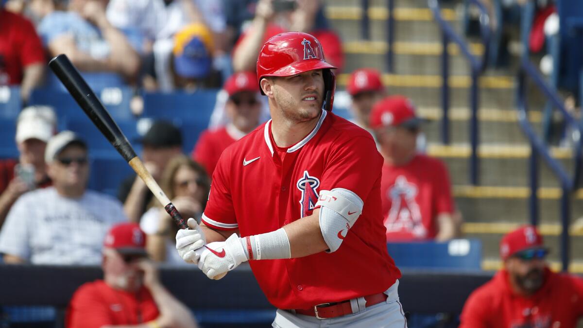 Angels' Mike Trout at bat during a spring training game against the Milwaukee Brewers on March 8 in Phoenix.