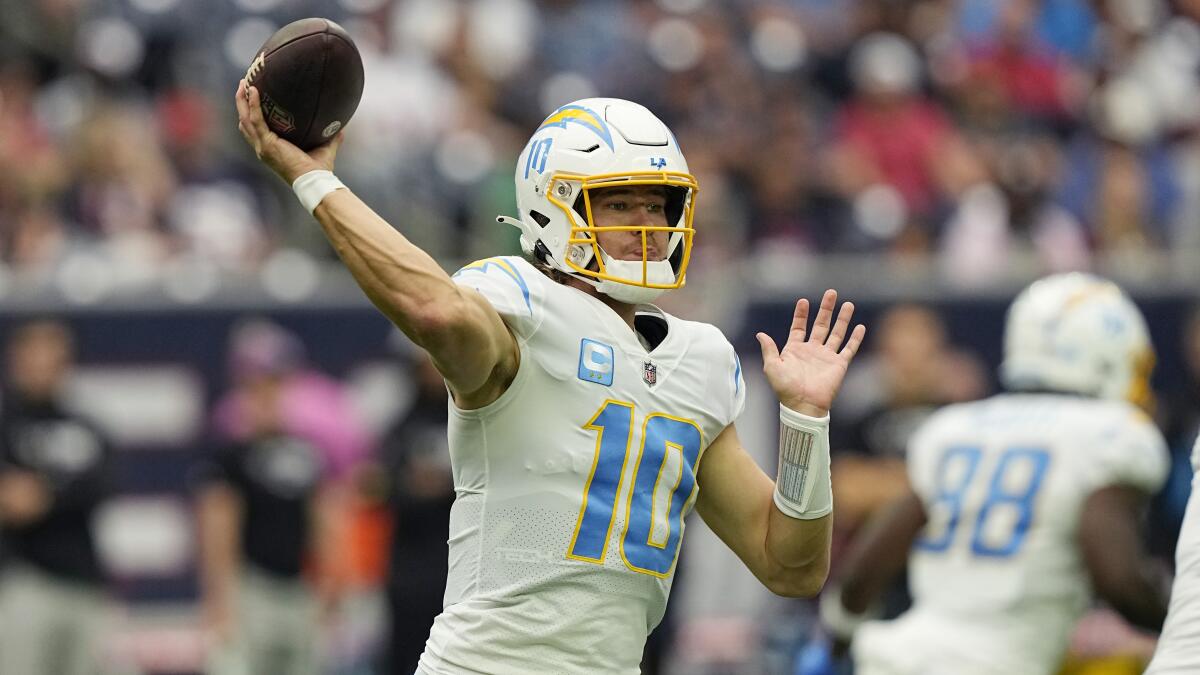 Chargers quarterback Justin Herbert throws during a win over the Houston Texans on Sunday.