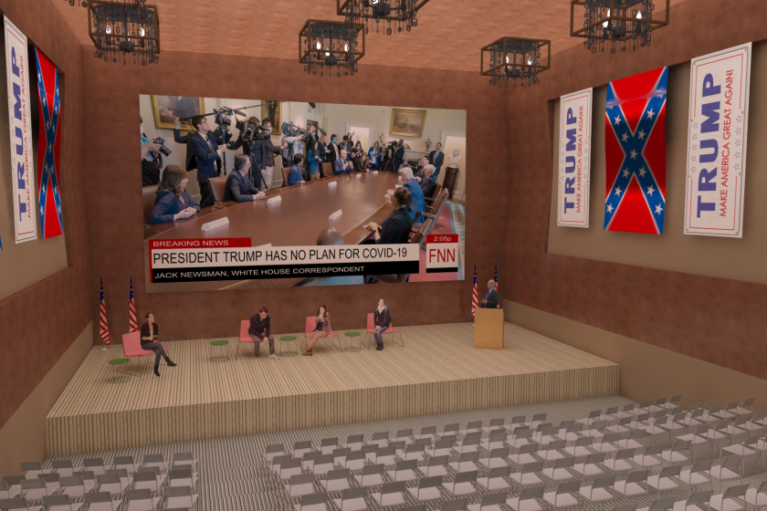 A rendering shows an auditorium lined with Trump banners and Confederate flags