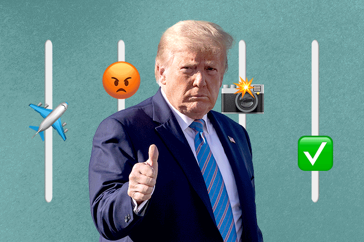 Photo illustration of Donald Trump giving a thumbs up. Animated emojis go up and down in the background.