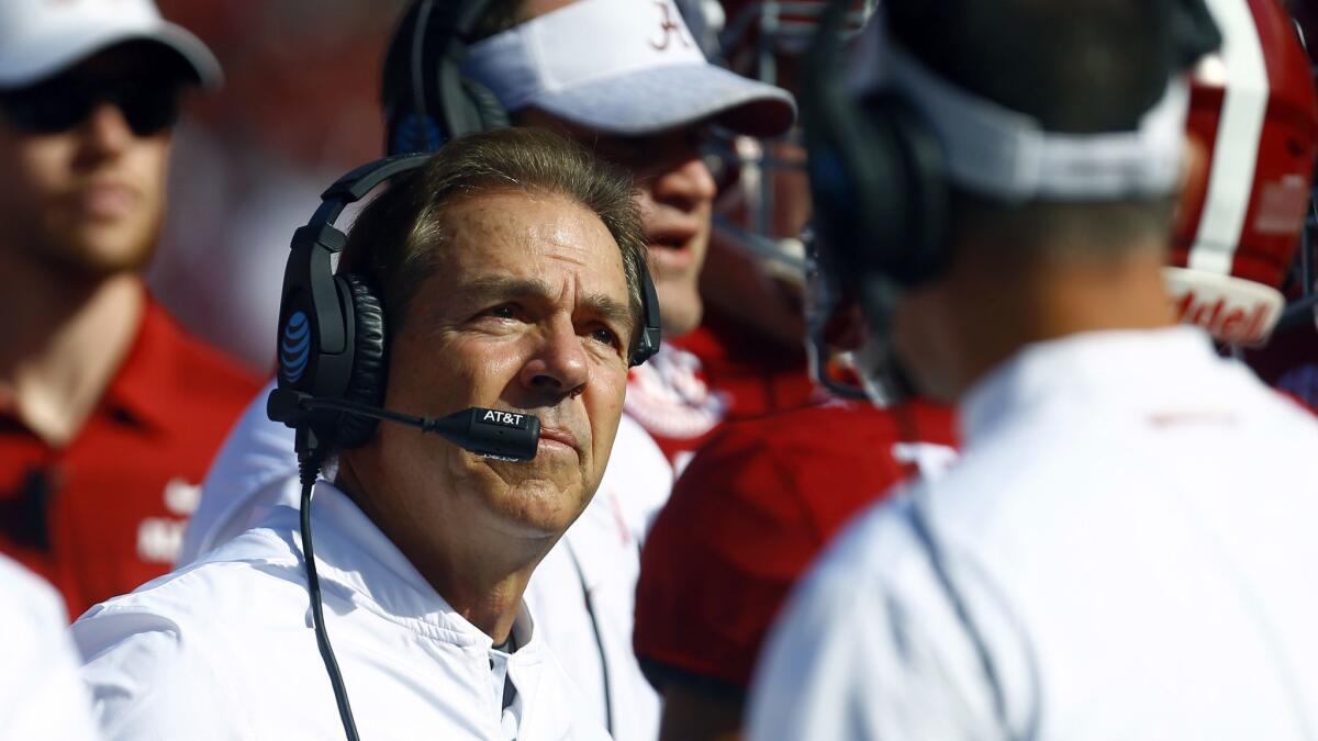 Alabama coach Nick Saban watches the replay of a fumble during the first half of the Crimson Tide's game against Citadel on Saturday.