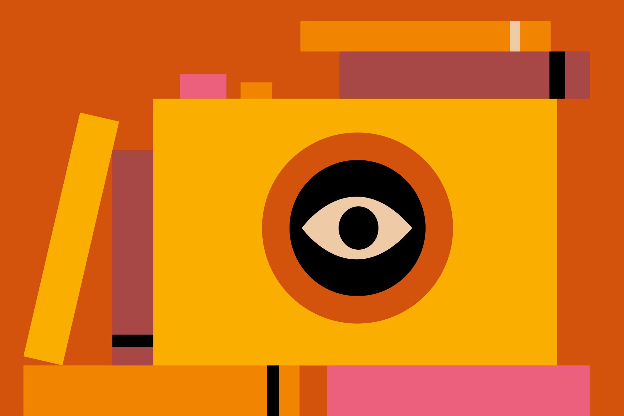 An illustration of an eye and pink, yellow and orange books.