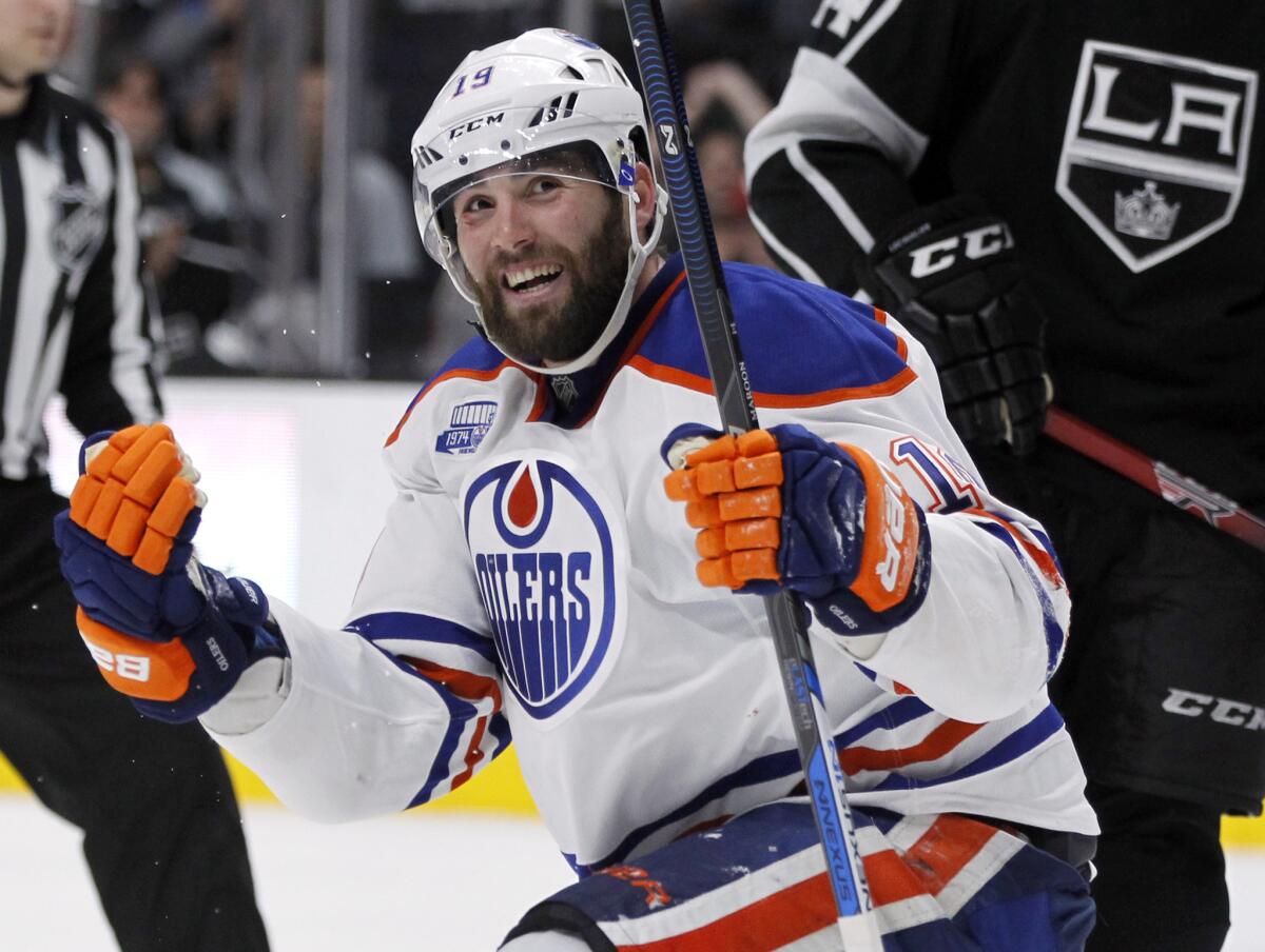 Oilers left wing Patrick Maroon reacts after scoring against the Kings during the third period on March 26.