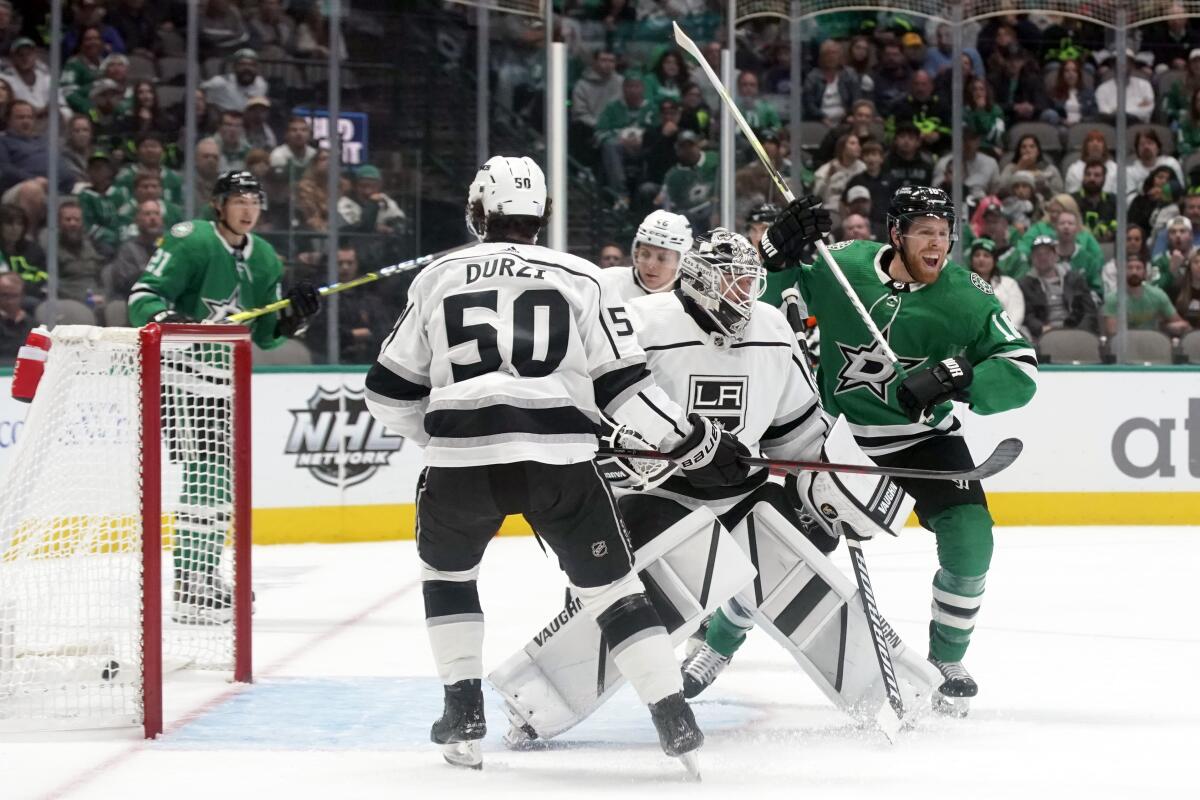 Dallas Stars center Joe Pavelski reacts after the shot by center Roope Hintz gets past Kings goaltender Cal Petersen.