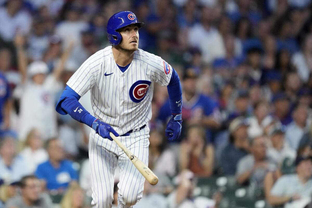 Cody Bellinger bats during a game for the Chicago Cubs.