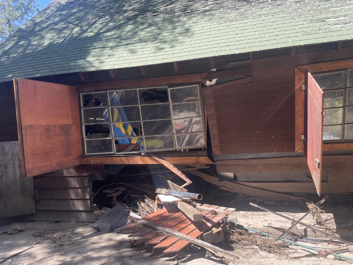 A garage at Camp River Glen severely damaged by Tropical Storm Hilary.