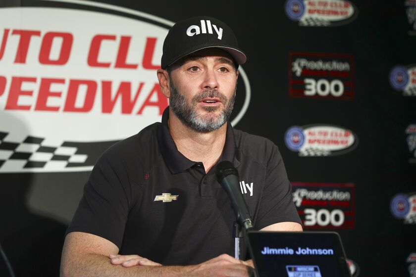 FONTANA, CALIFORNIA - FEBRUARY 28: Jimmie Johnson, driver of the #48 Ally Chevrolet, speaks ahead of practice at Auto Club Speedway on February 28, 2020 in Fontana, California. (Photo by Meg Oliphant/Getty Images)