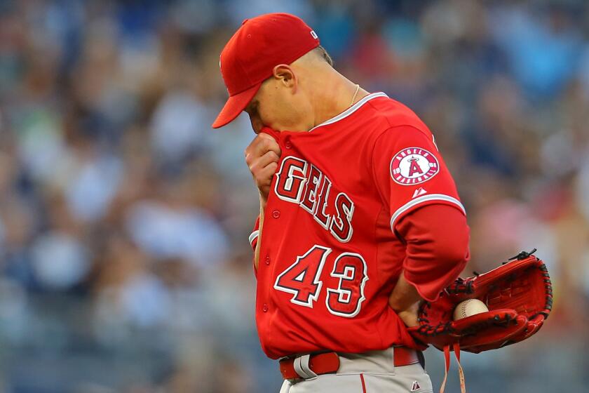 Angels starter Garrett Richards allowed eight of 10 Yankees batters to reach on Saturday, retiring just two batters to match the shortest start of his career.