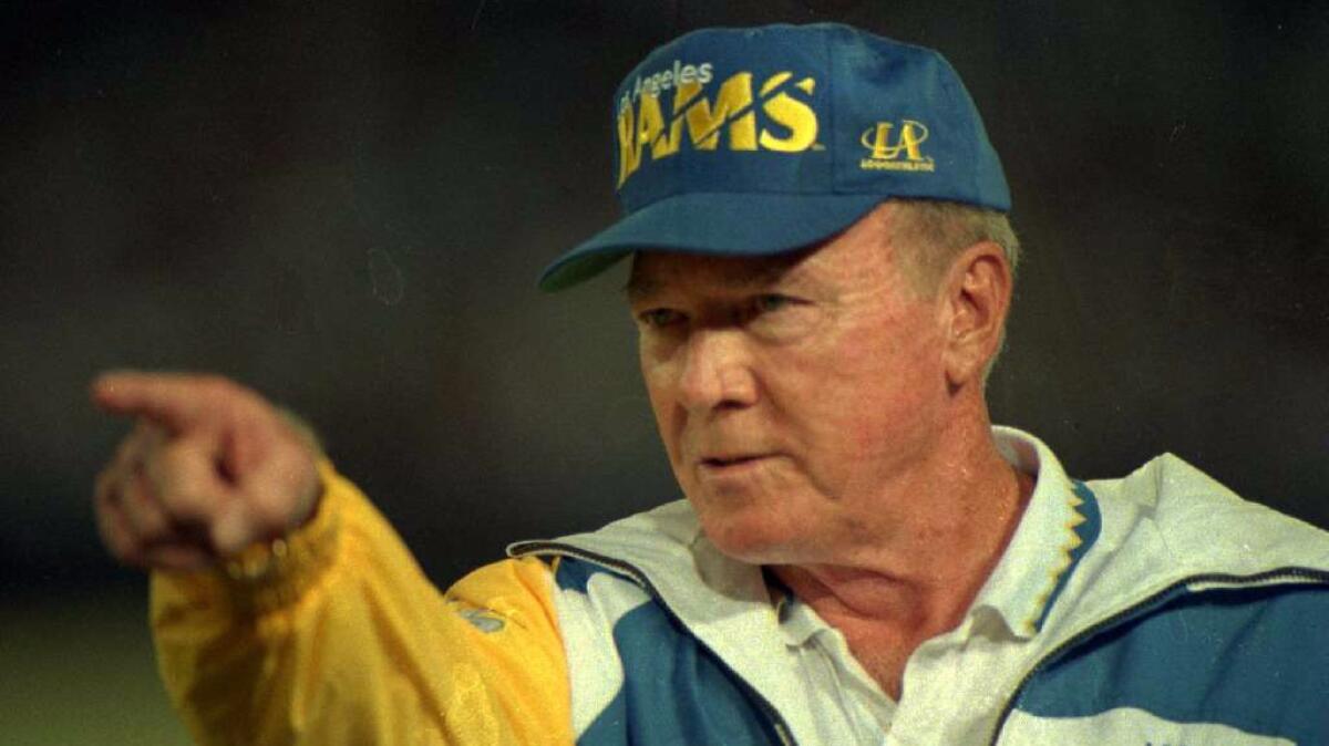 Rams coach Chuck Knox gestures during a game against the Raiders on Aug. 20, 1994.