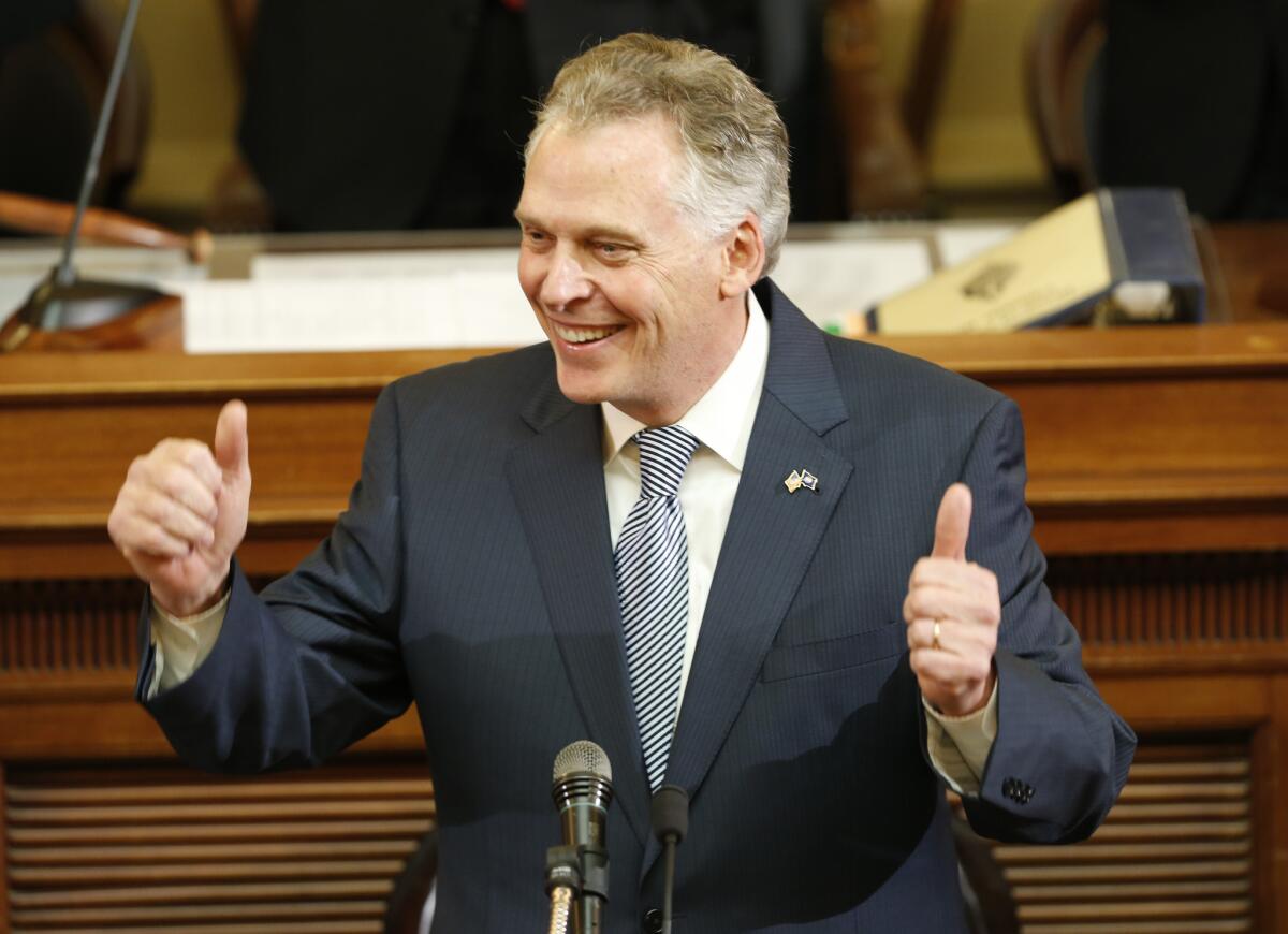 Virginia Gov. Terry McAuliffe gestures as he delivers his State of the Commonwealth Address in Richmond, Va on Jan. 13.