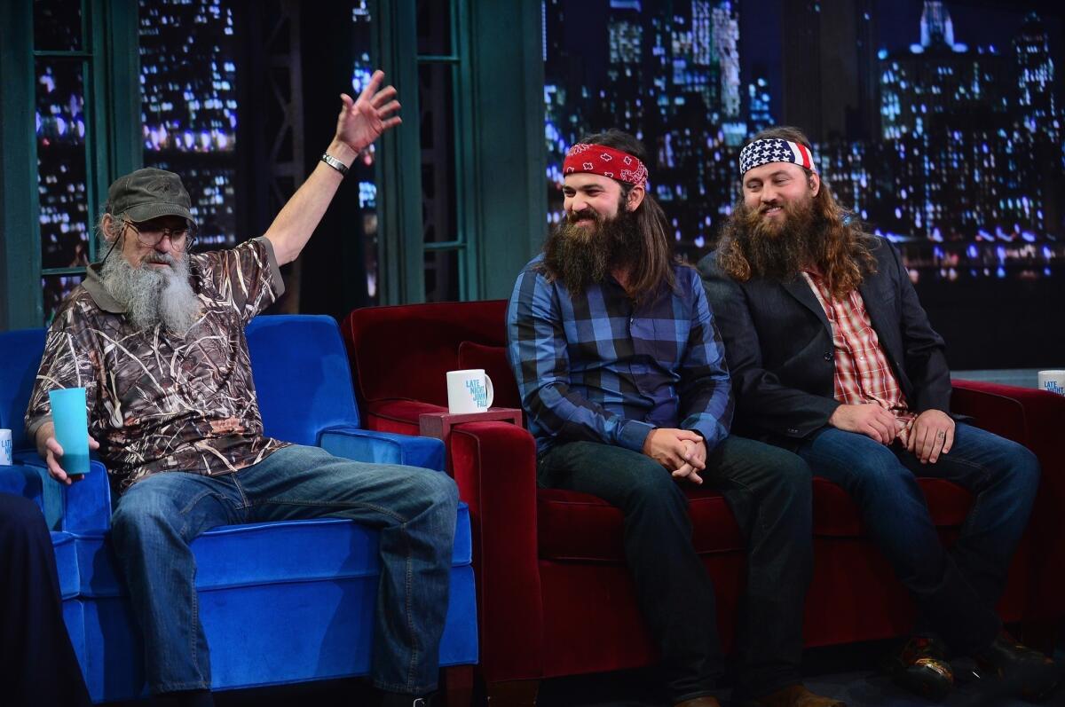 From left, Si, Jace and Willie Robertson visit "Late Night With Jimmy Fallon."
