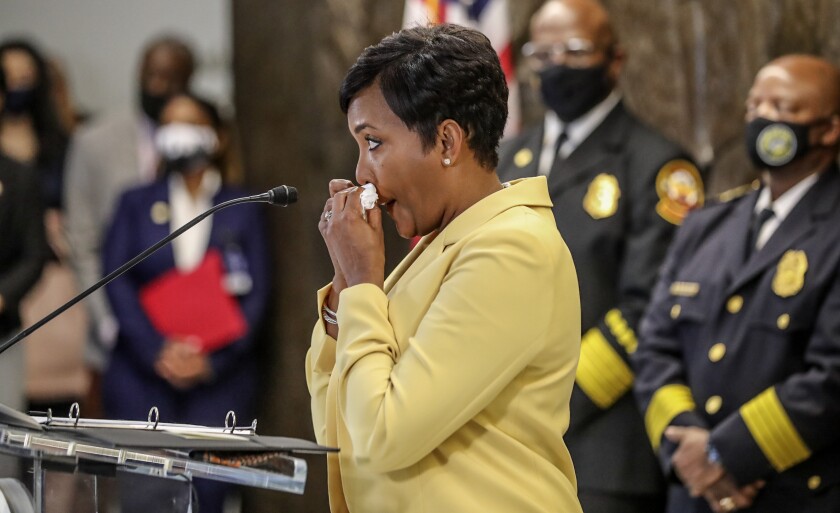 Atlanta Mayor Keisha Lance Bottoms speaks during a news conference, Friday, May 7, 2021, in Atlanta. Bottoms said Friday she has wrestled since her first year in office with whether to seek a second term, and this week she made a final decision to step aside even as she insisted she doesn't know what she'll do next. (John Spink/Atlanta Journal-Constitution via AP)