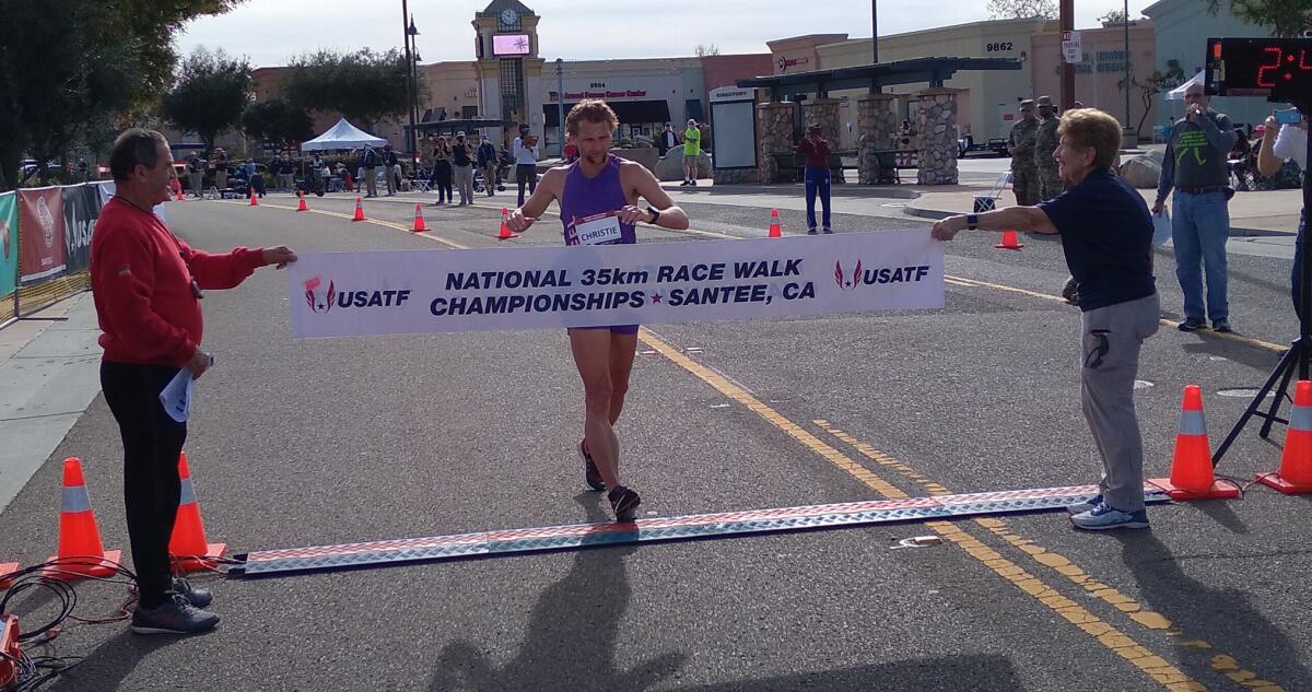 Nick Christie crosses the finish line in winning the men’s 35K race walk at the USATF Championships in Santee on Sunday.