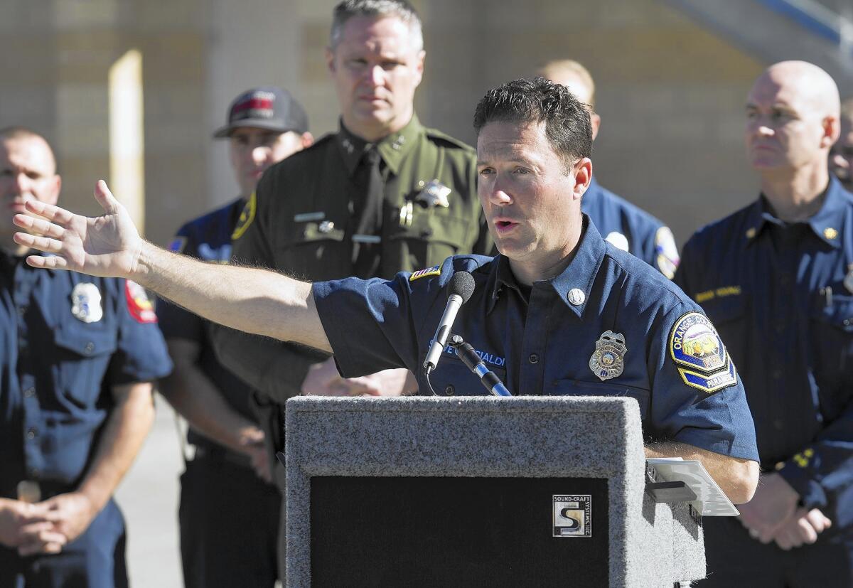 Orange County Fire Authority Capt. Steve Concialdi speaks during a fire safety event Tuesday in Irvine.