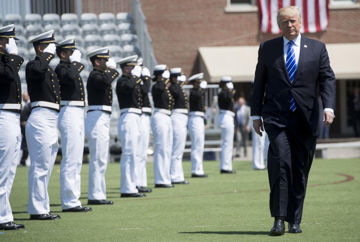 President Trump arrives at the U.S. Coast Guard Academy in New London, Conn., to deliver the commencement address on May 17.