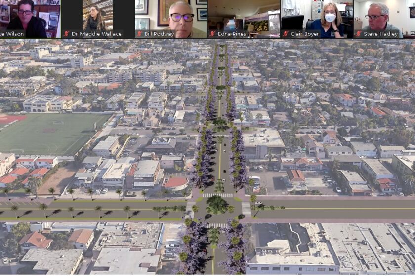 Trace Wilson presents a possible view of Pearl Street to the La Jolla Village Merchants Association, as created by the Village Visioning Committee.