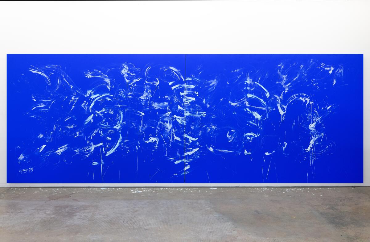 "Untitled," a blue field with scattered white brushstrokes on canvas