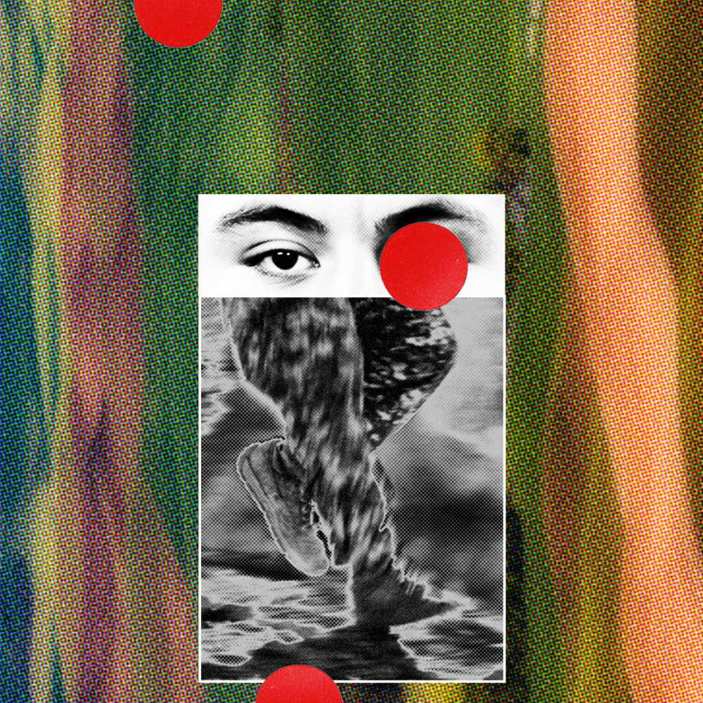 Collage of eyes, legs running, camouflage print 